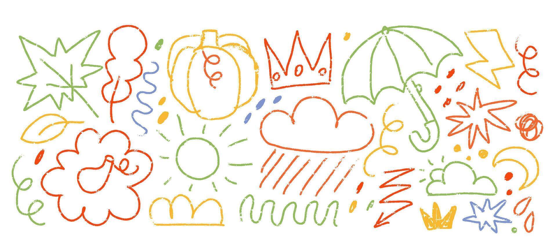 Funny autumn season doodle drawings set. Pencil textured Hand drawn tree leave shapes, pumpkins, umbrella, clouds on isolated background for kid education or fall concept. isolated elements vector