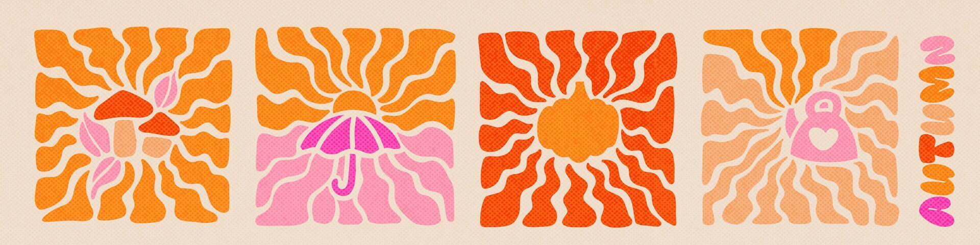 Set of fall season elements with wavy sun rays backgrounds in warm retro autumn colors. Groovy hippie backdrop. Retro 60s 70s psychedelic wavy design. collection of wallpaper templates. vector
