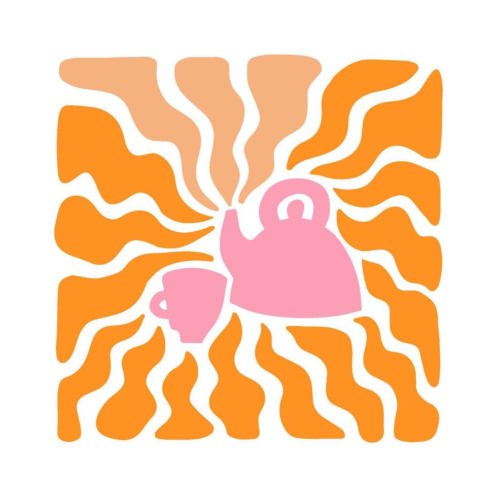 Teapot with wavy sun rays background in warm retro autumn colors. Groovy hippie backdrop vector