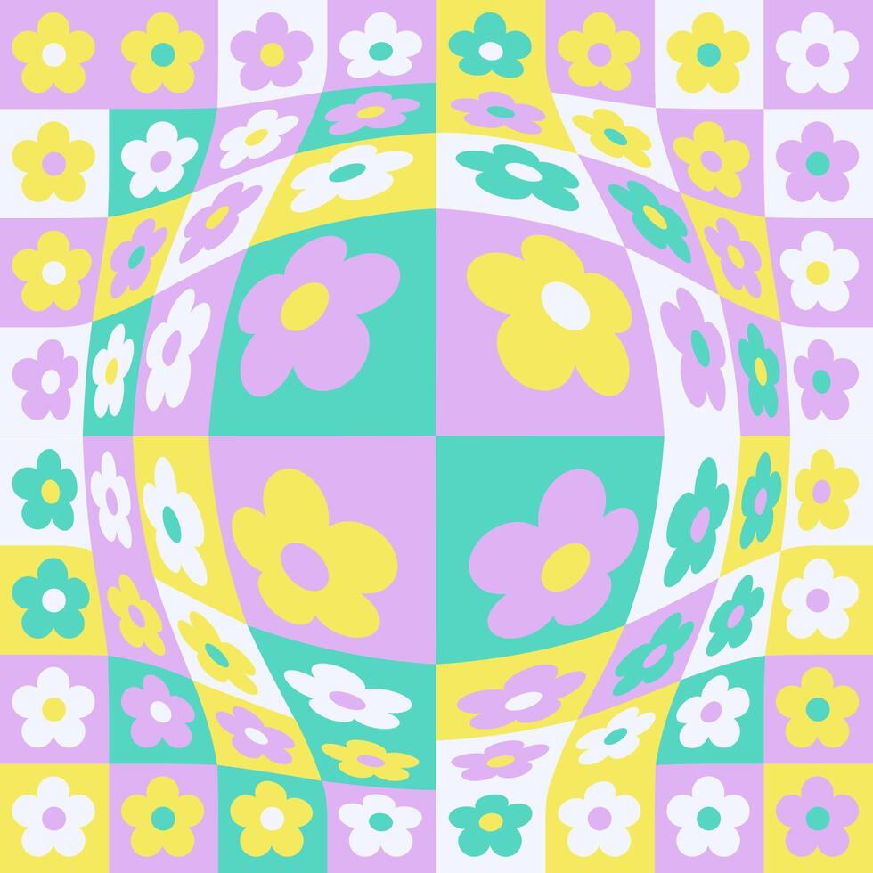 1970s retro distorted daisy seamless pattern on checkered background. Hippie aesthetic. flat illustration. Kids graphic cover template. vector