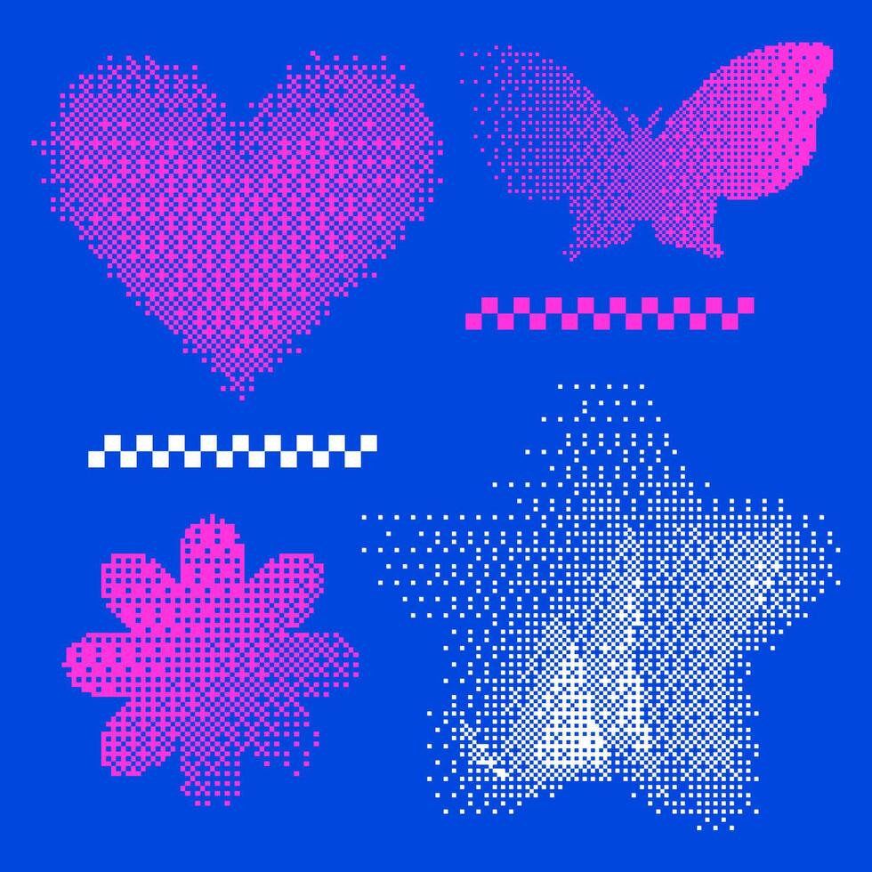 Unusual Strange Trendy Geometric Bitmap Shapes Composition In Antidesign Maximalism Collage Technique. Acid Figures, Pixelated Distortion. Heart, butterfly, flower, star shapes set. vector