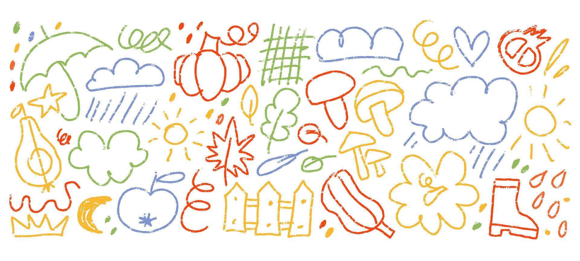 Abstract cute shape doodle hand drawn Autumn illustrations. Pencil textured childish elements. collections of isolated items. vector