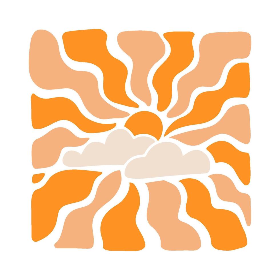 Rainy cloud with sun with wavy rays background in warm retro autumn colors. Groovy hippie backdrop vector