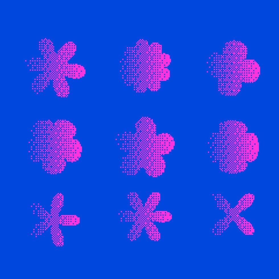 Pixel y2k geometric flowers shape set. Daisies in square pixel retro collage design. Bitmap y2k element grain. illustration in 80s style vector