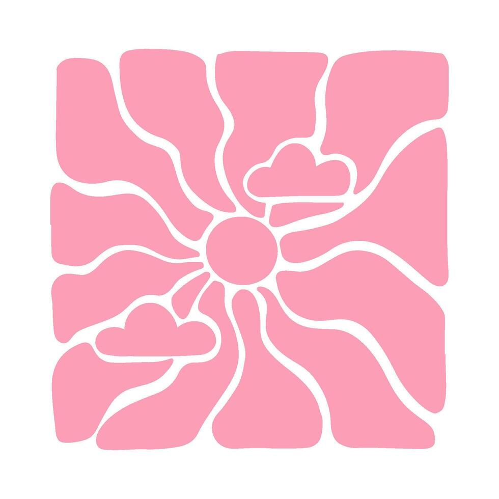 Rainy cloud with sun with wavy rays background in warm retro autumn colors. Groovy hippie backdrop vector