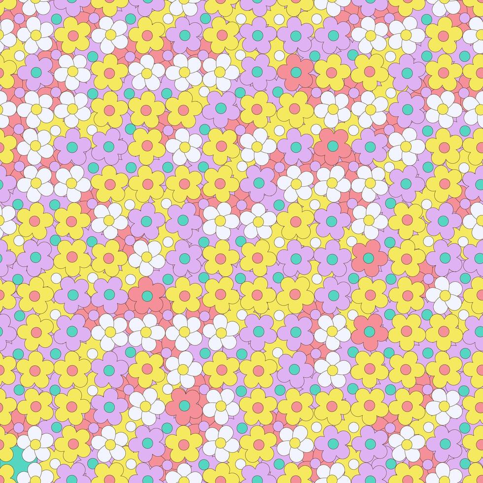Abstract seamless pattern with geometric vintage groovy daisy flowers. Trendy vintage design y2k. 60s, 70s, 80s style. illustration. vector