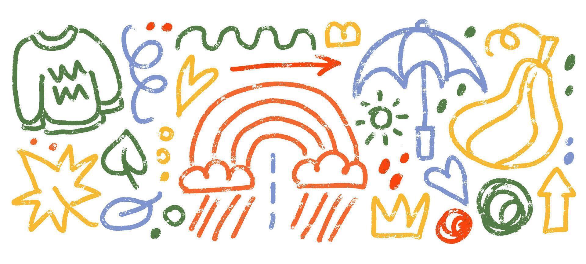 Hand drawn autumn doodle set with hand drawn childish fall season attributes with doodle elements, circles, ovals, swirls. scribble illustration. vector