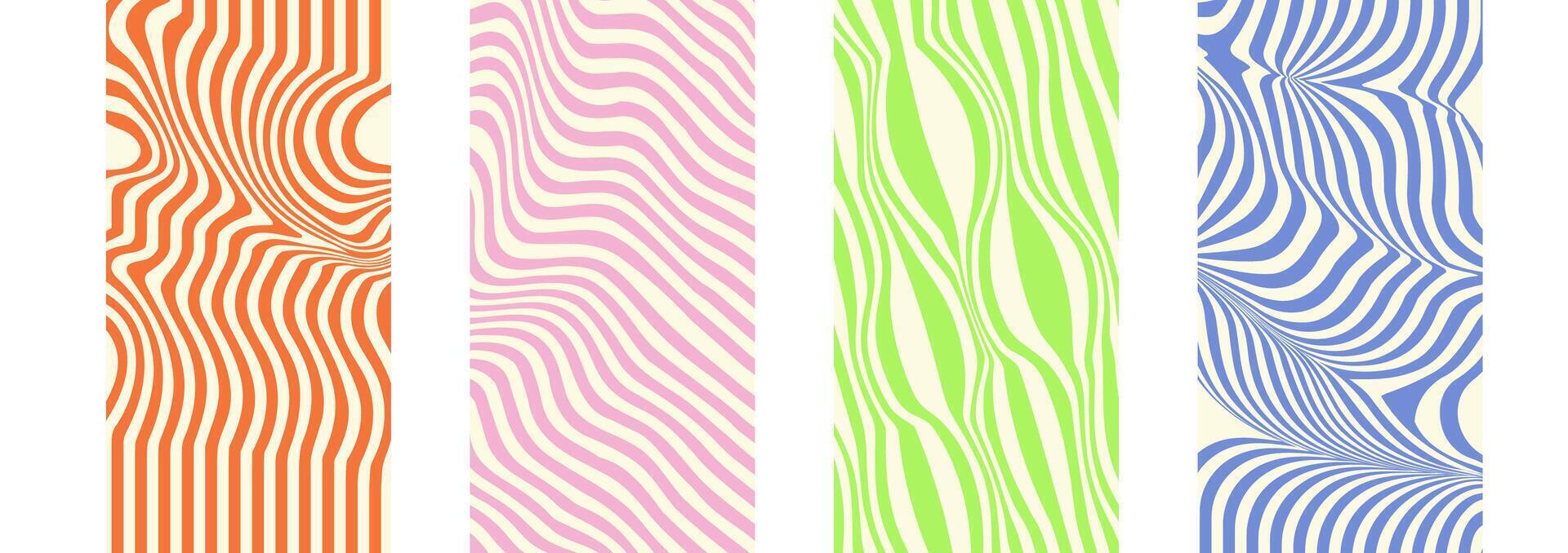 Groovy hippie 70s backgrounds set. Waves, swirl, twirl pattern collection. Twisted and distorted texture in trendy retro psychedelic style. Y2k aesthetic. illustration vector