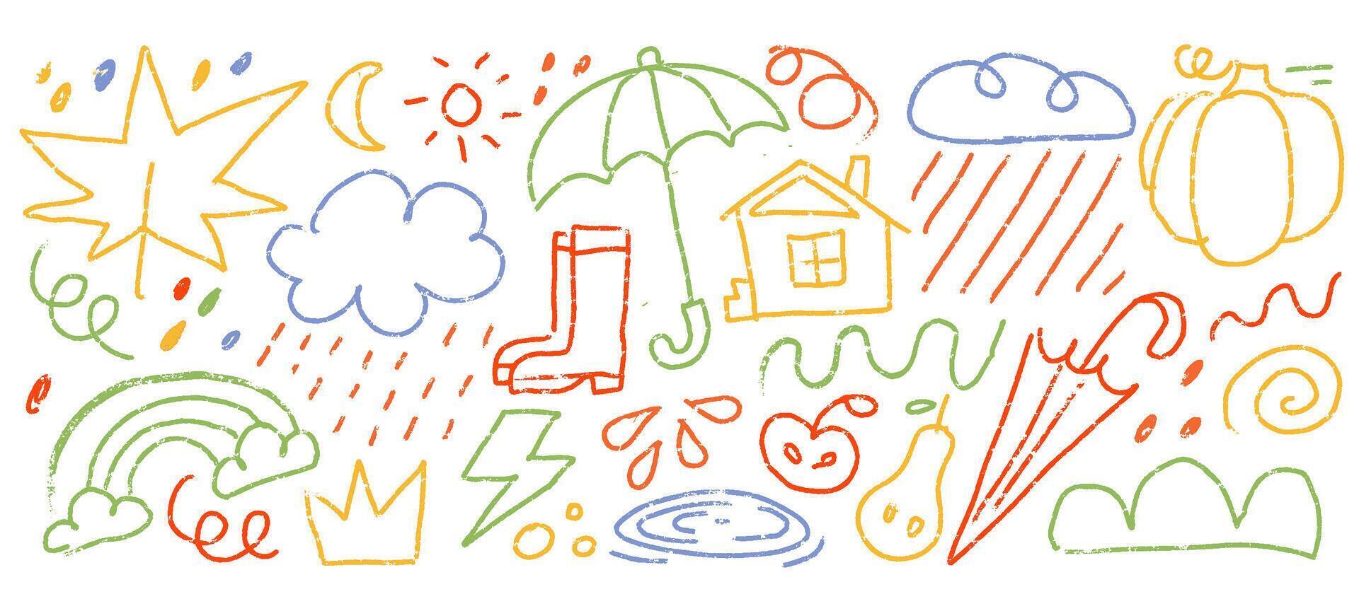 Collection of hand drawn colorful autumn charcoal doodle shapes and squiggles in childish style. Naive pencil drawings isolated on white. Umbrella, cloud, leaves, pumpkin doodle collage elements. vector