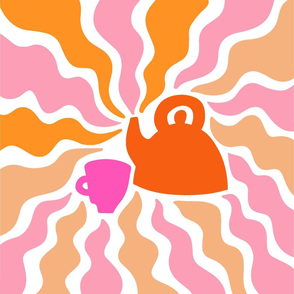 Teapot with wavy sun rays background in warm retro autumn colors. Groovy hippie backdrop vector