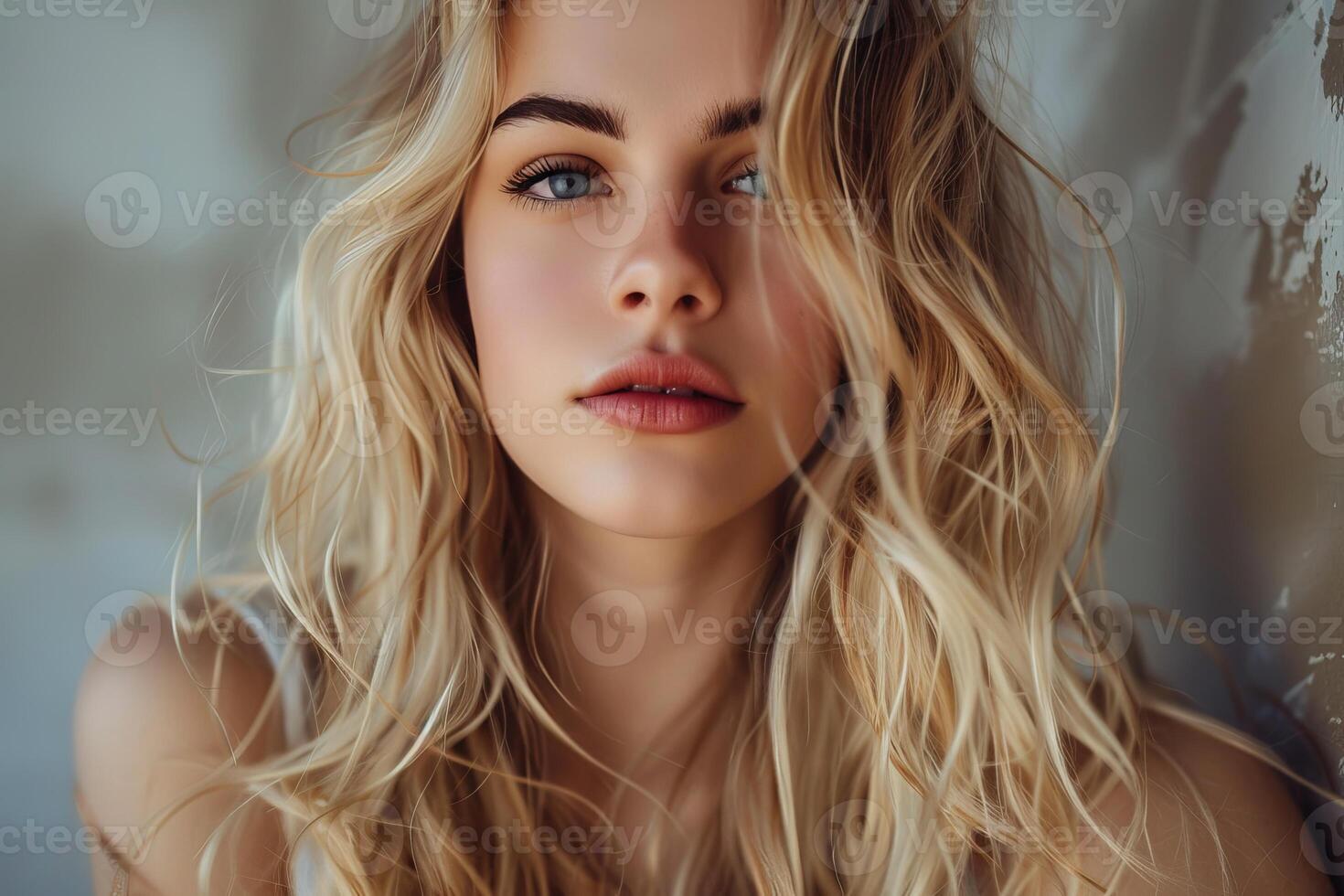 Young woman with long blonde hair is posing in a studio setting photo
