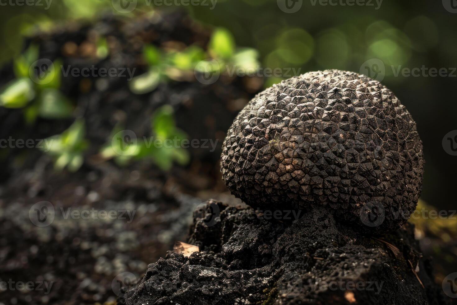 Black truffle growing on fertile ground in the woods photo