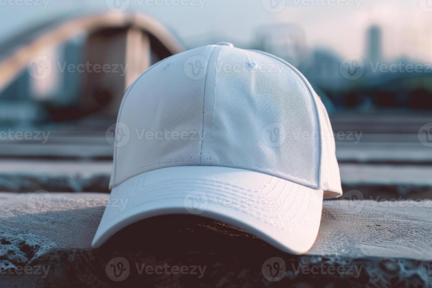 White baseball cap lying on concrete surface with city in background photo