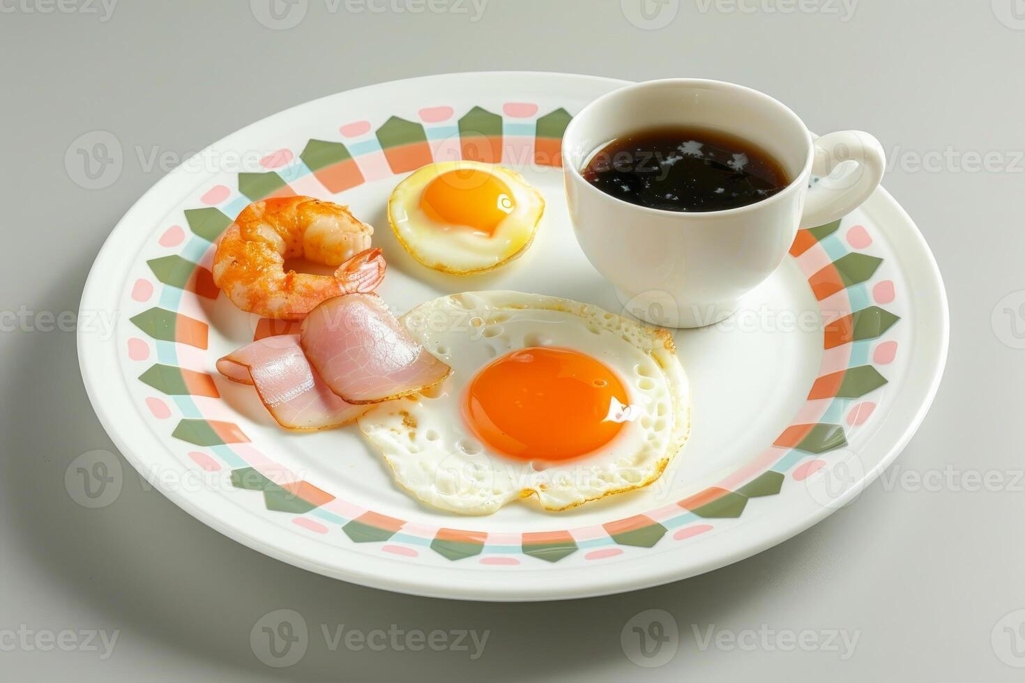 Delicious breakfast plate with coffee, fried eggs, bacon and shrimp photo