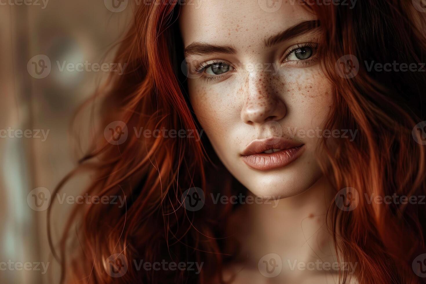 Beautiful redhead model posing with freckles and long hair photo