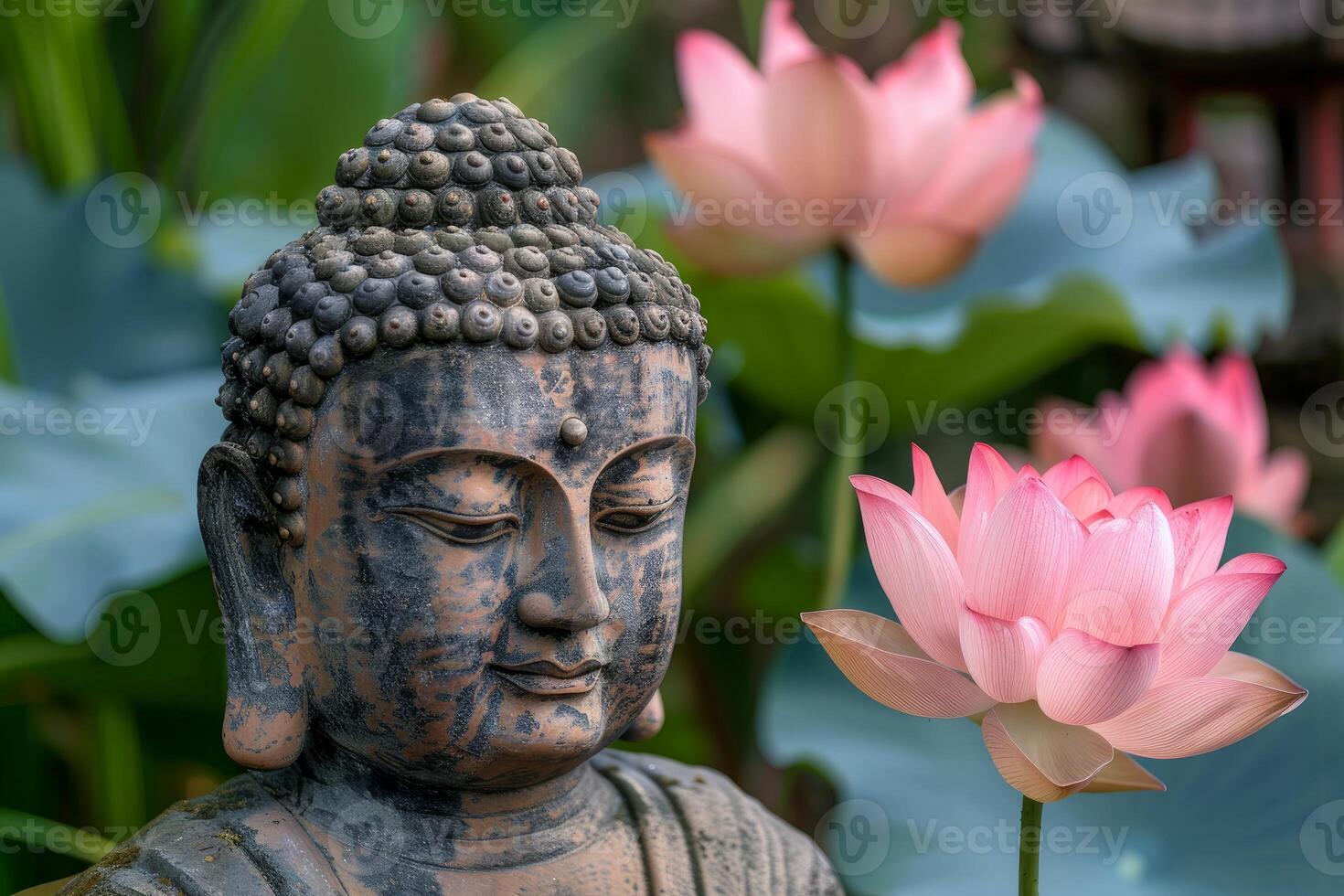 Buddha statue meditating peacefully in a lotus garden photo