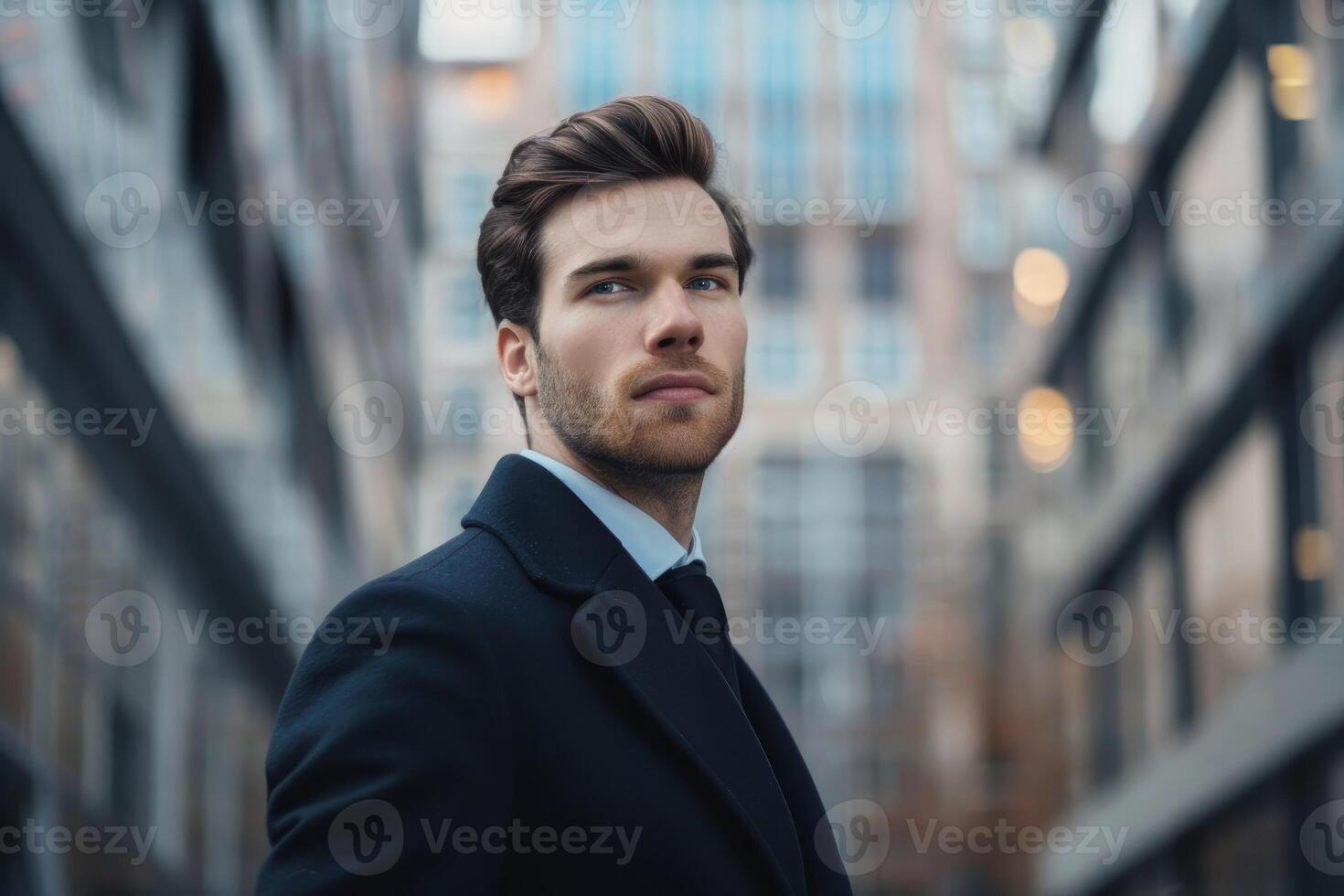 Businessman wearing overcoat looking up in city photo