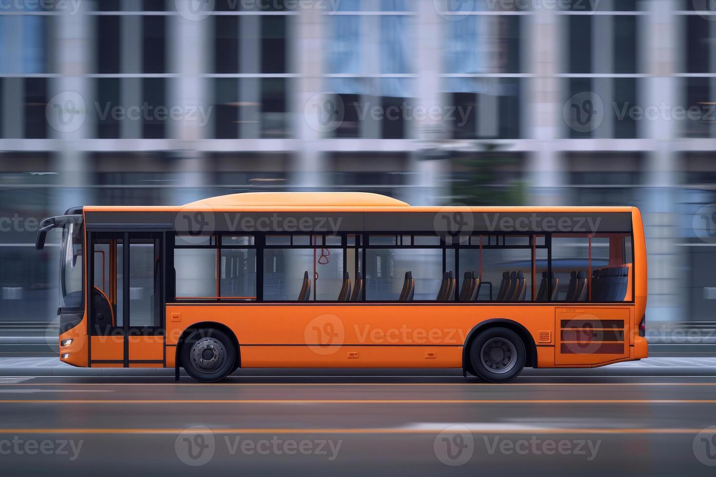 Orange bus driving through city street with motion blur photo
