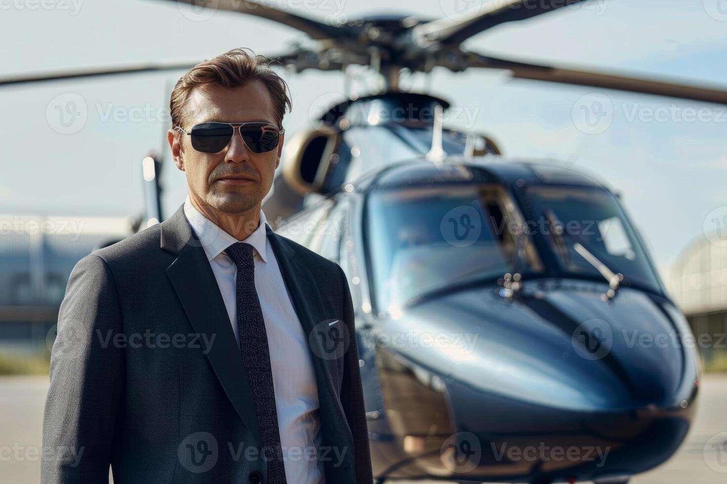 Businessman wearing sunglasses standing near private helicopter photo