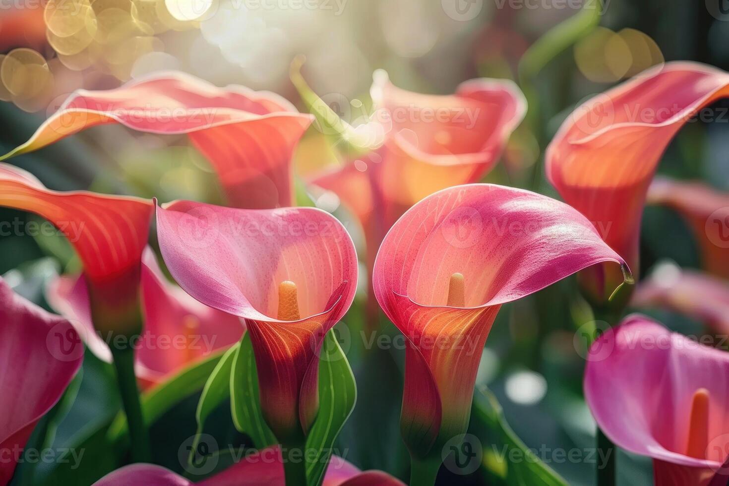 Pink calla lilies blooming in warm sunlight photo