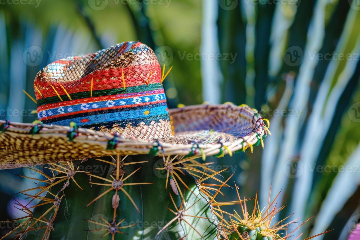 Colorful sombrero resting on prickly cactus in the mexican desert photo