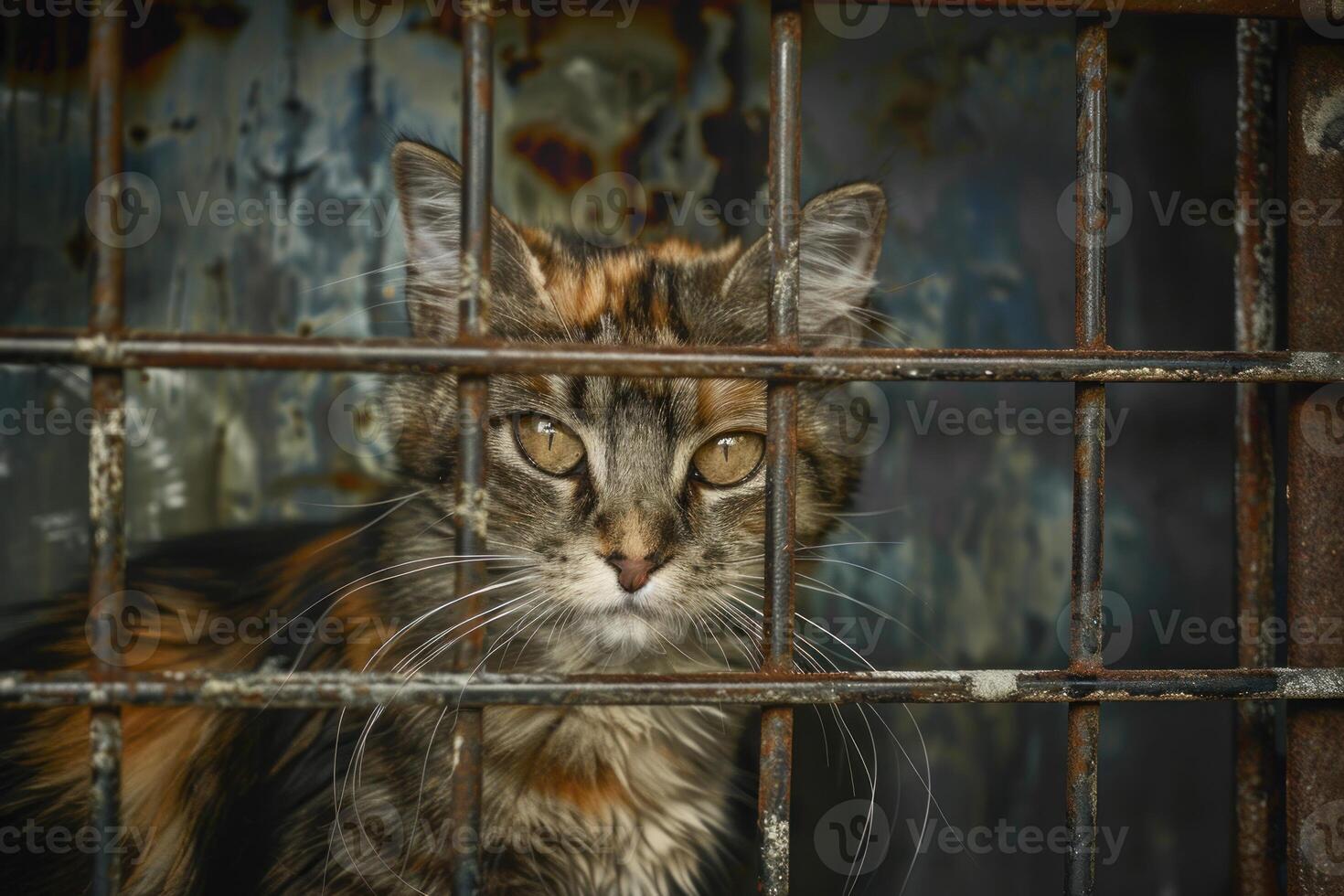 Sad kitten looking through cage bars in shelter photo