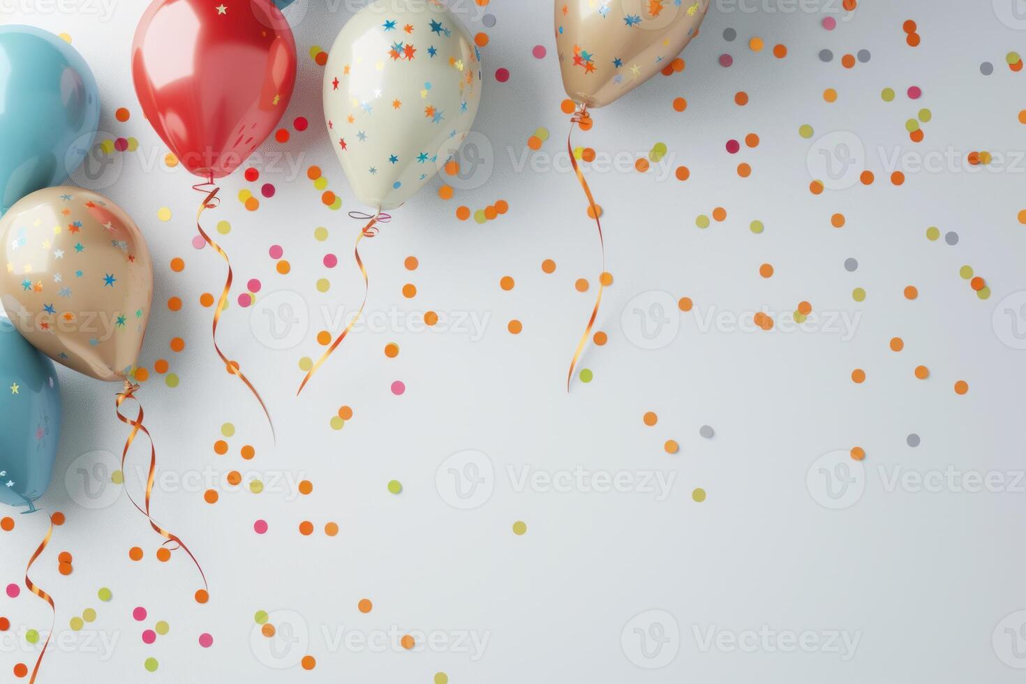Colorful balloons floating on white background with colorful confetti photo