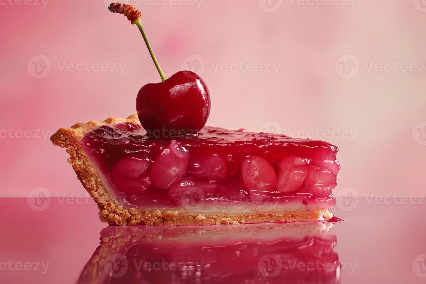 Slice of cherry pie with cherry on top reflecting on pink photo