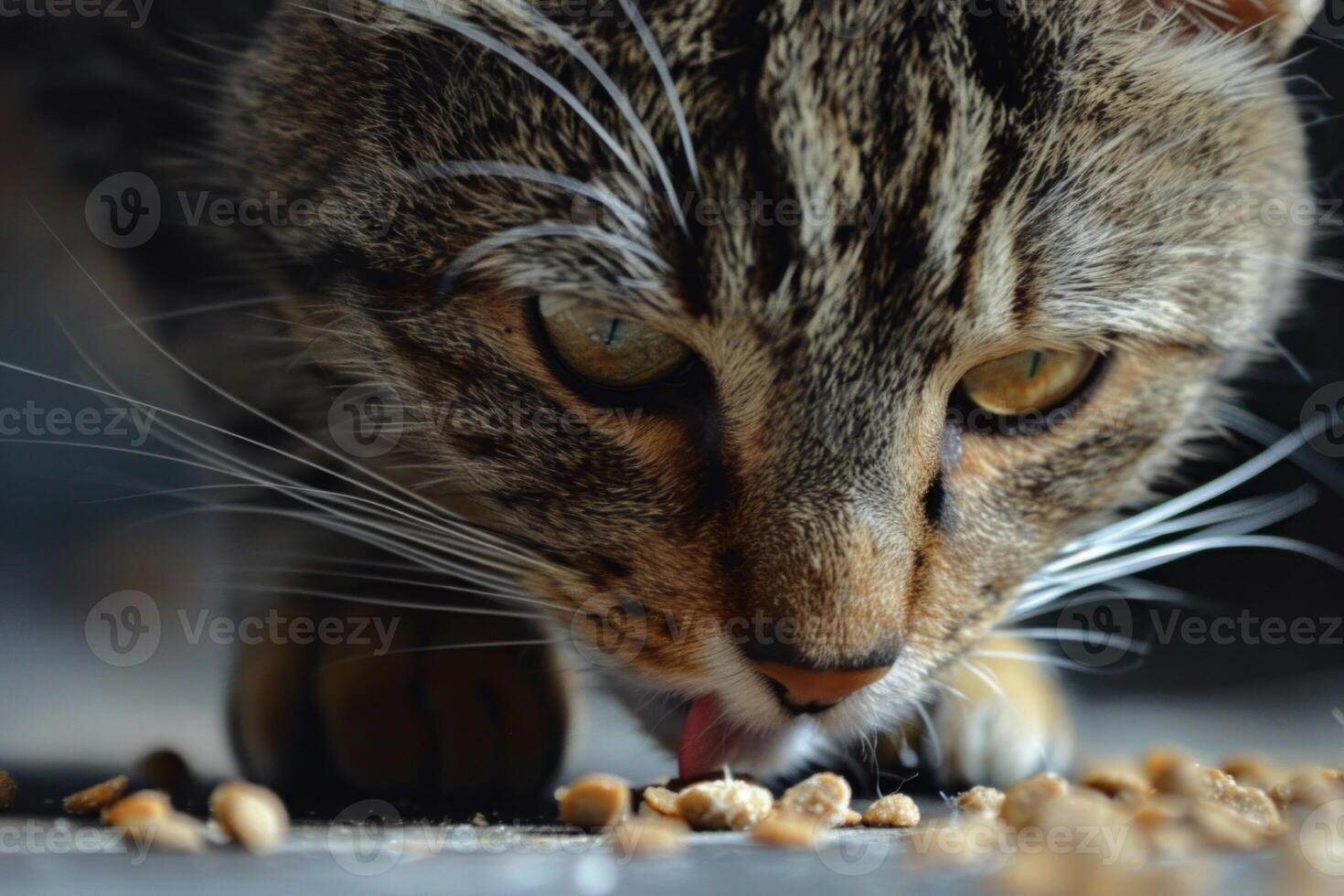 Tabby cat licking its nose while enjoying meal from bowl photo