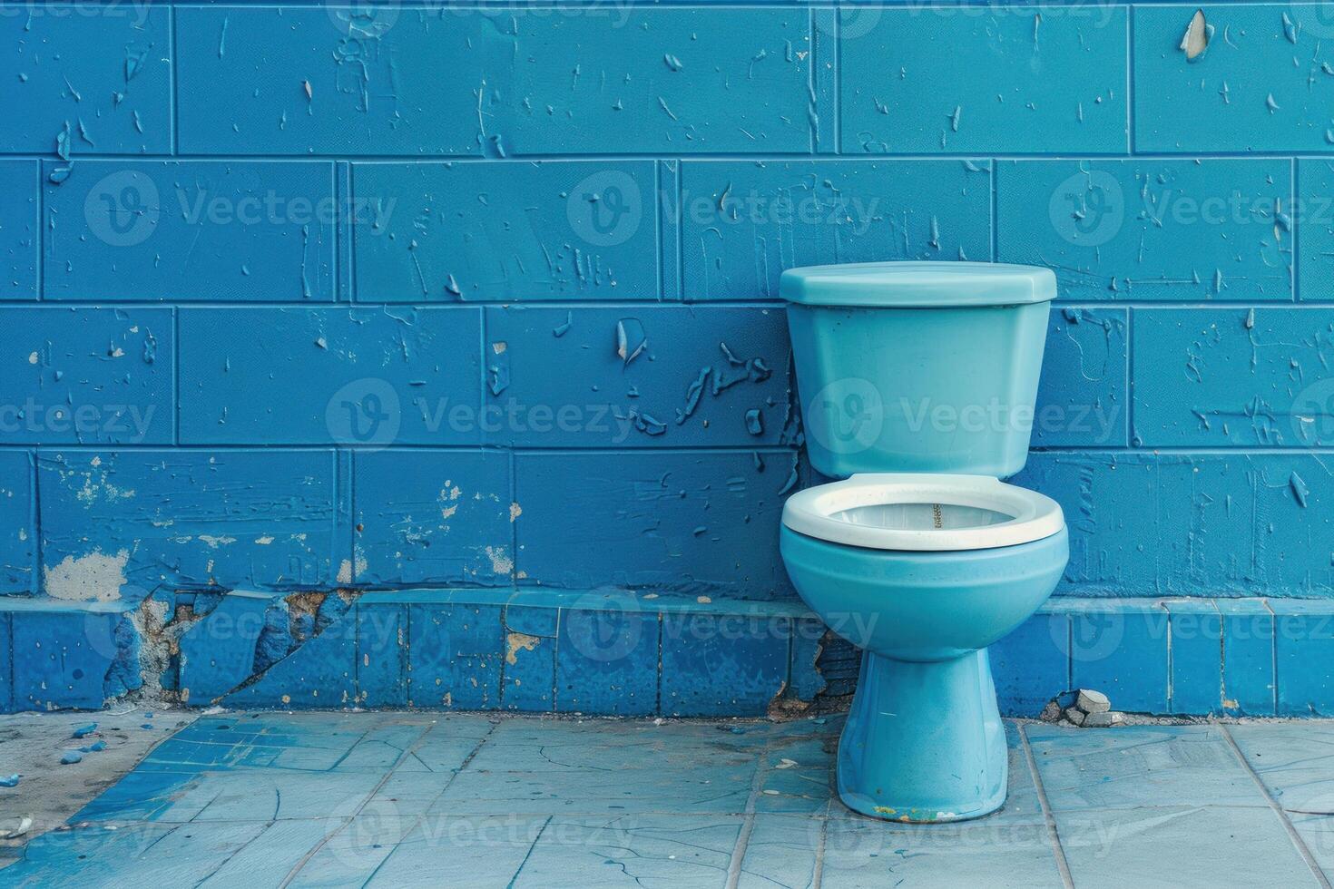 Turquoise toilet standing in front of a turquoise wall photo