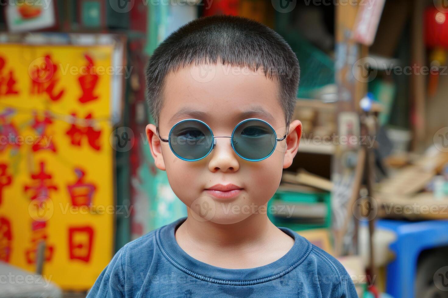 Young boy wearing sunglasses posing on a city street in china photo