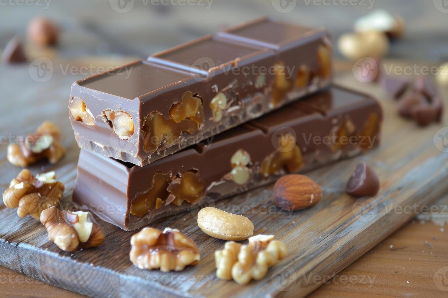 Two chocolate bars full of nuts are presented on a cutting board photo