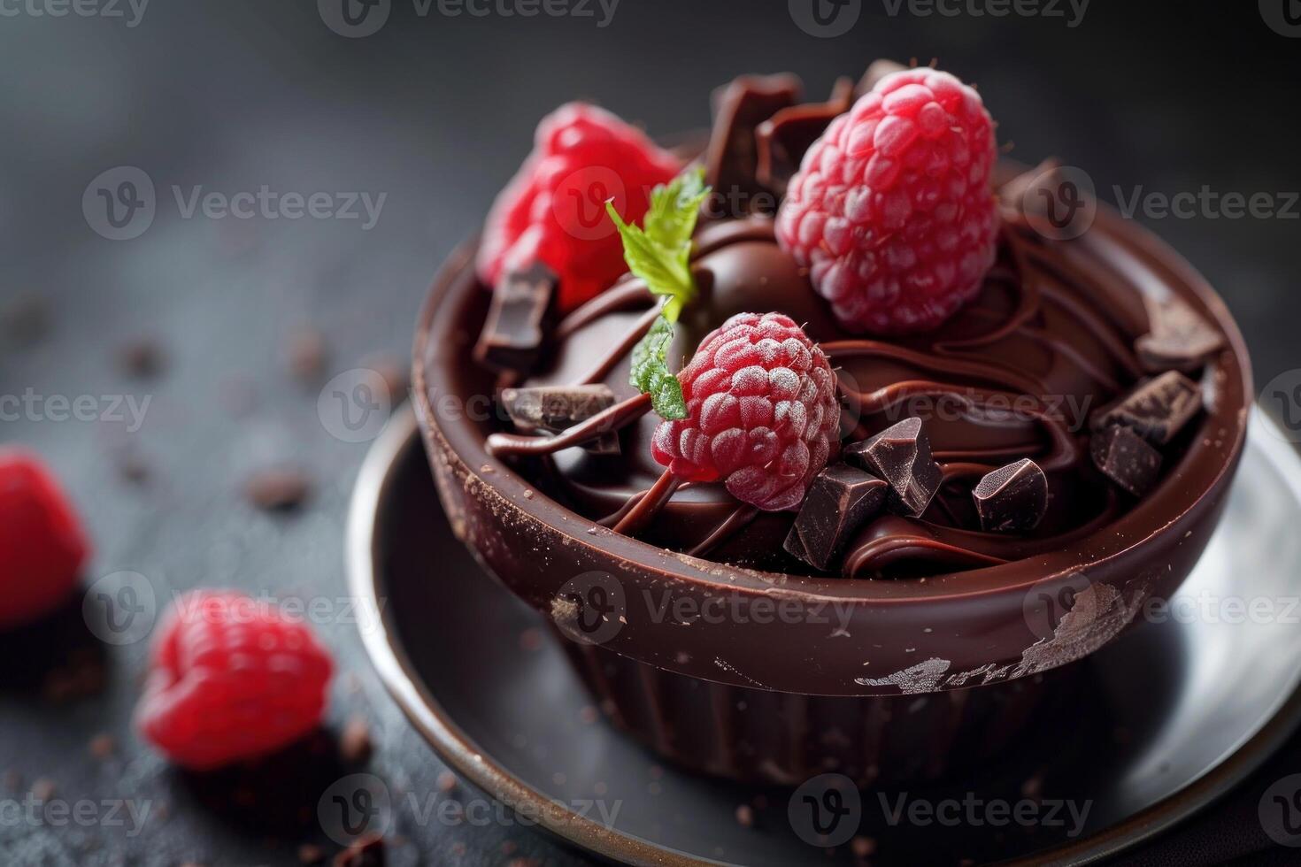 Chocolate cup filled with chocolate cream decorated with raspberries and chocolate shavings photo