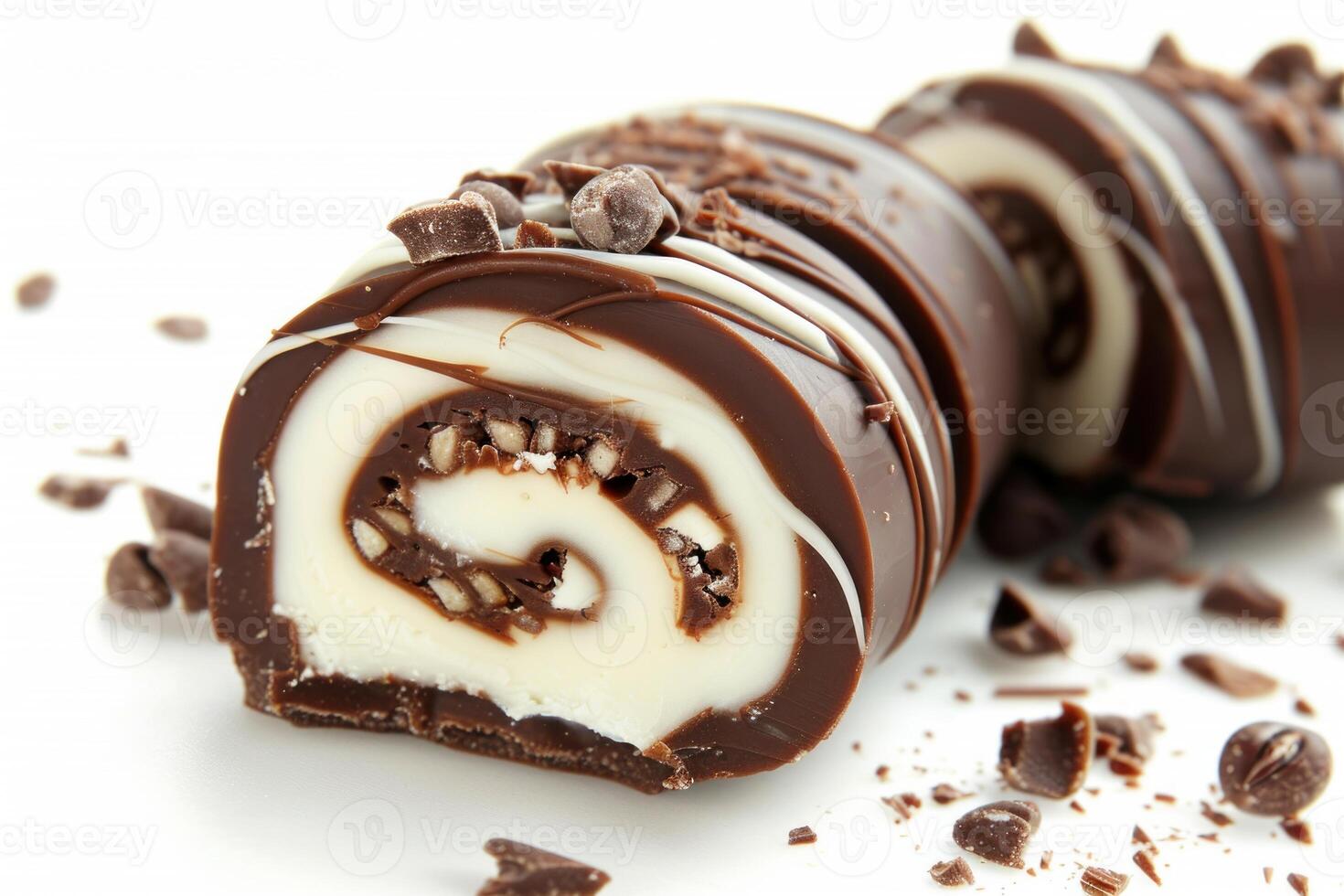 Chocolate and white chocolate swirls topped with chocolate chips photo