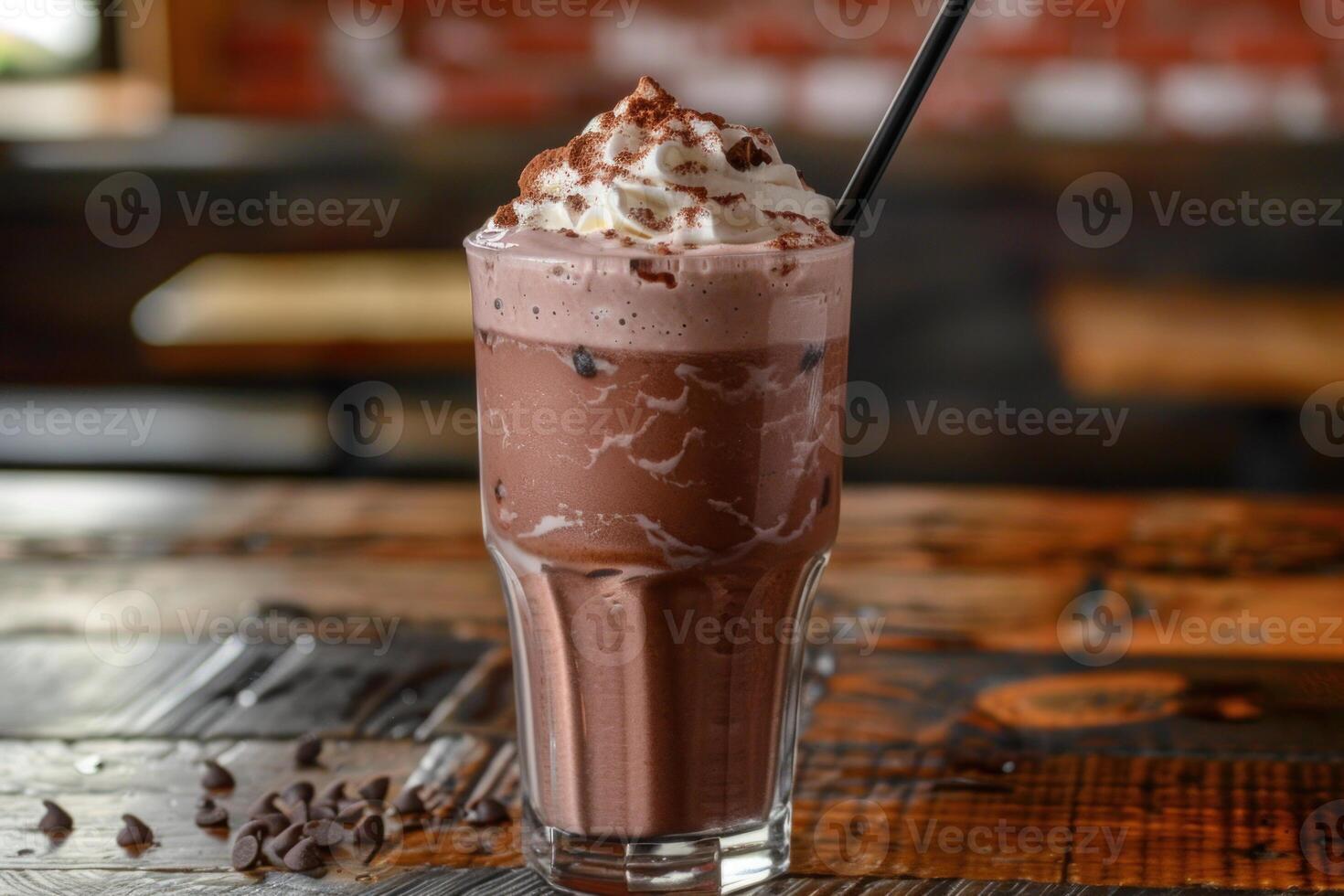 Iced chocolate milk chocolate milkshake with whipped cream on rustic wooden table photo