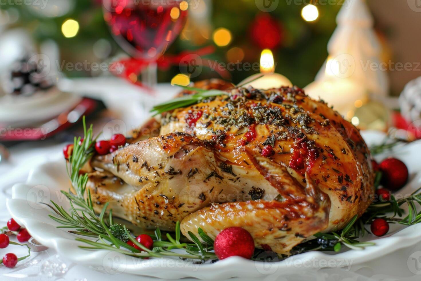 Roasted turkey garnished with rosemary and cranberries for christmas dinner photo