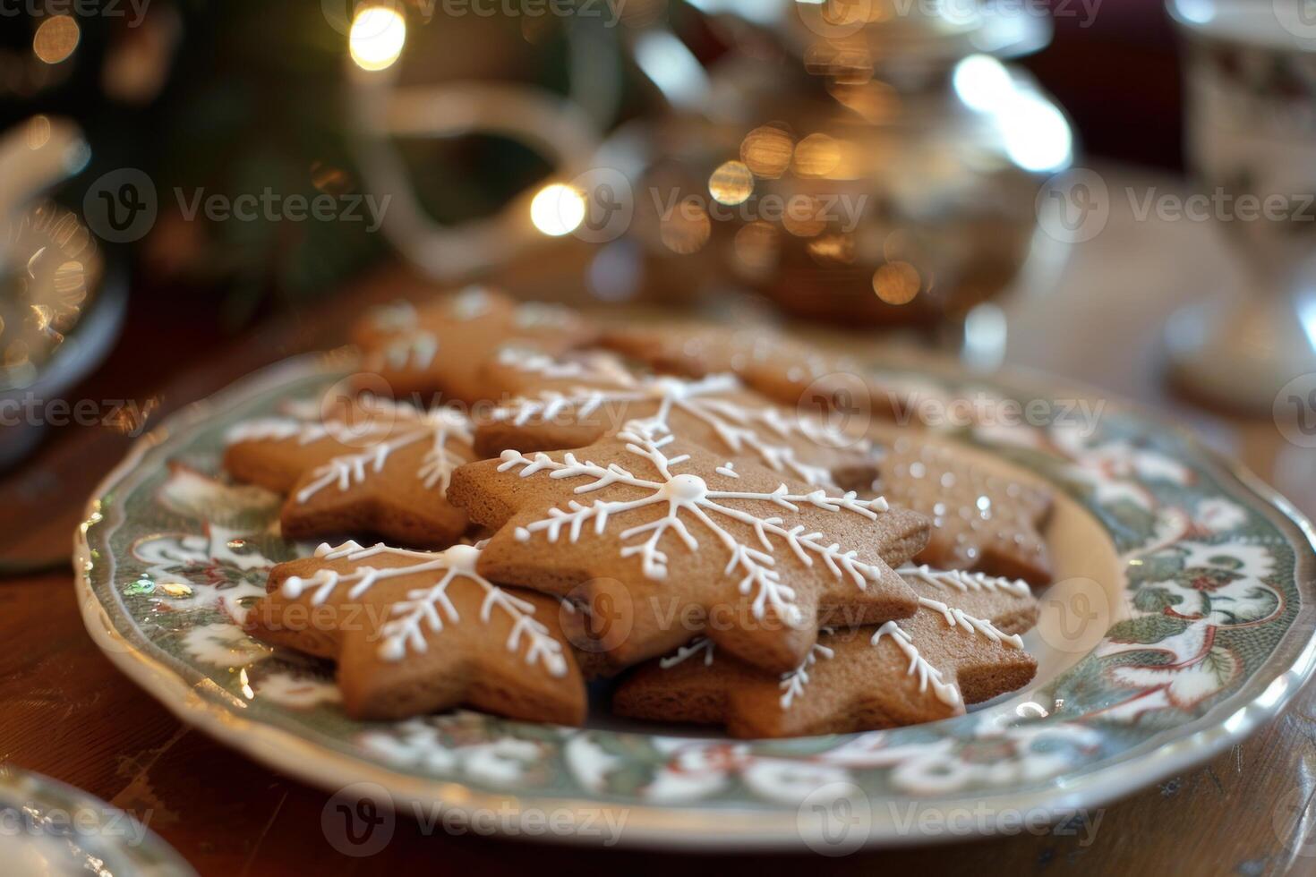 Plate of gingerbread star cookies decorated with white icing for christmas photo