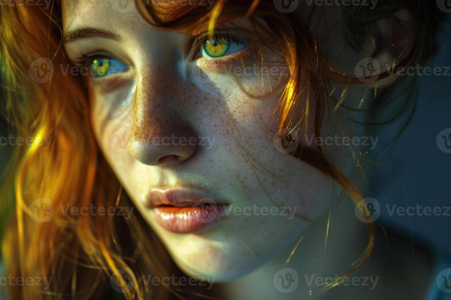 Beautiful redhead girl with freckles posing with natural light photo