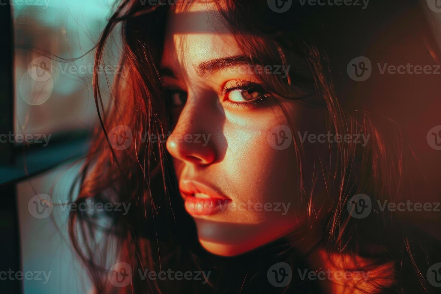 Beautiful young woman with freckles posing in warm sunlight photo