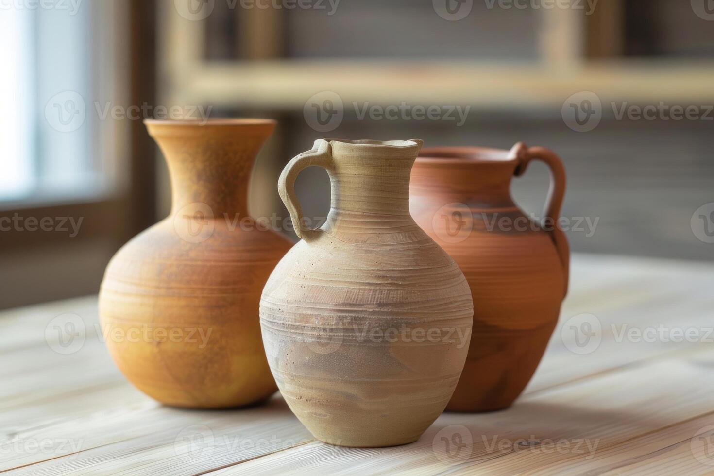 Three clay pots standing on wooden table photo