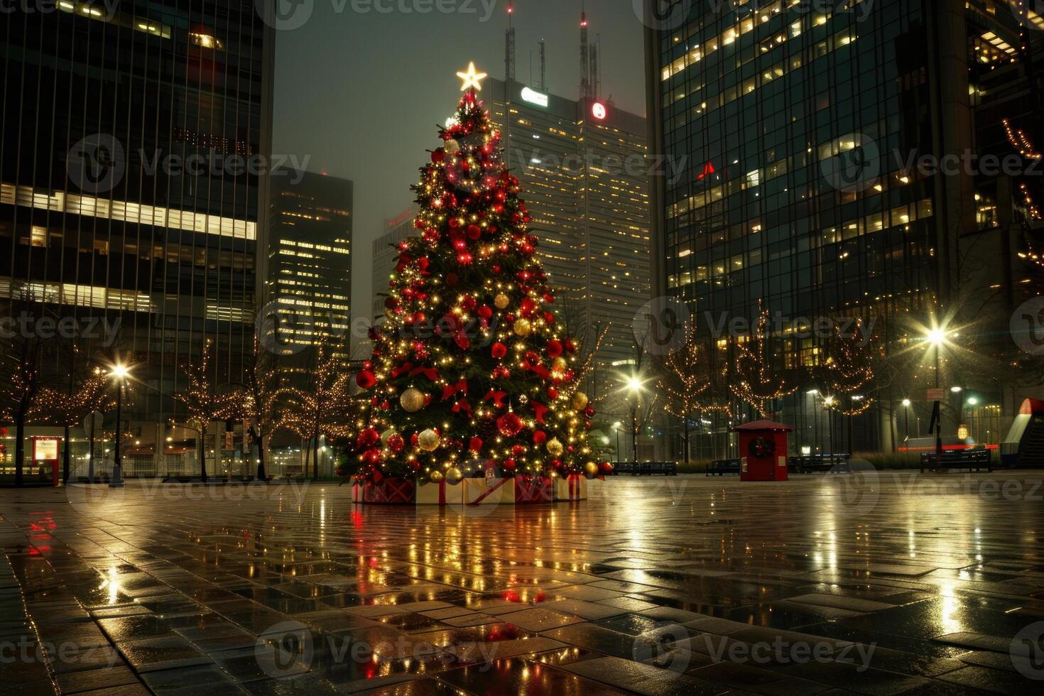 Christmas tree standing tall in a city square surrounded by modern buildings photo