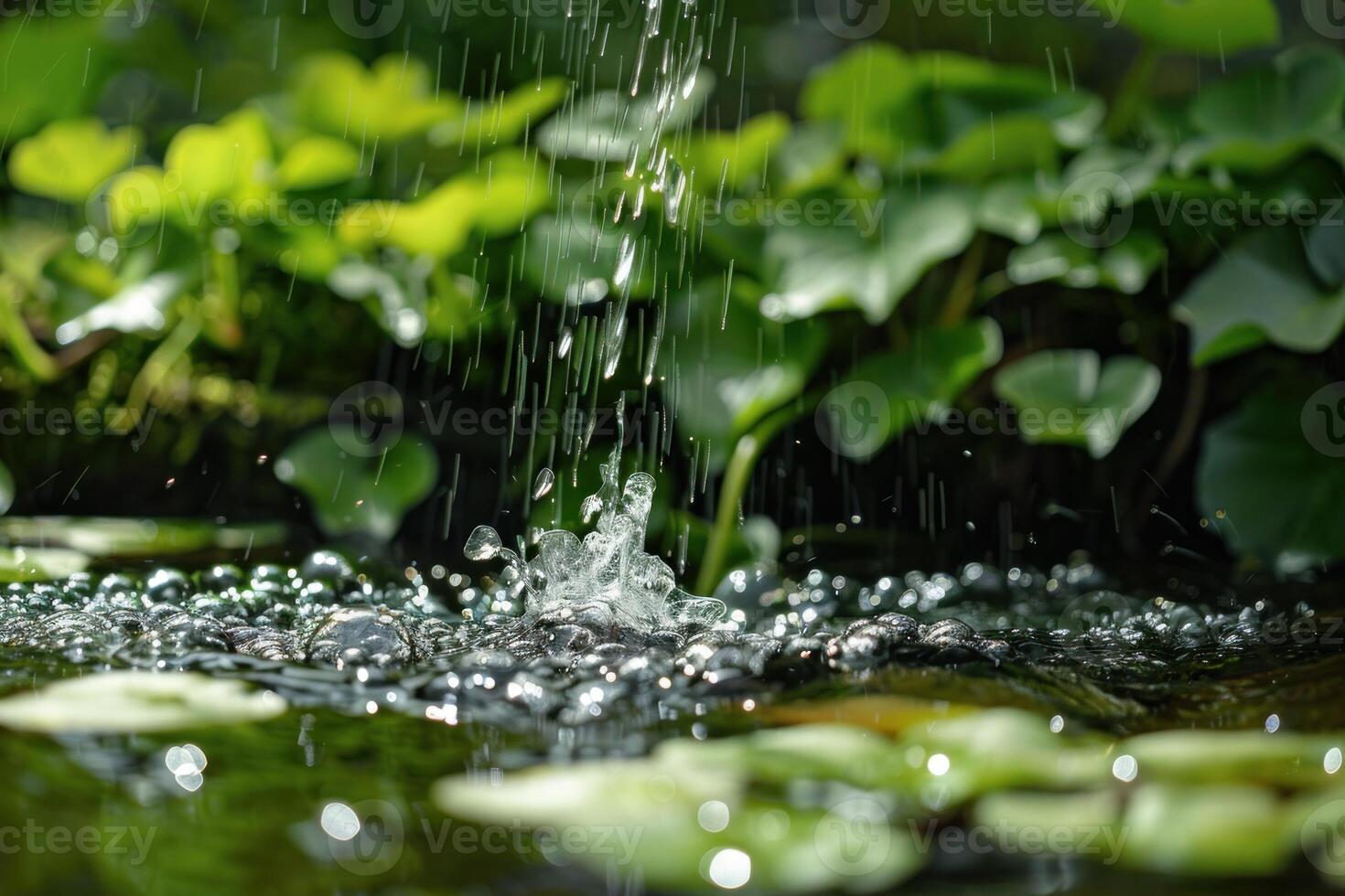 Water splashing down on rocks in a stream surrounded by green plants photo