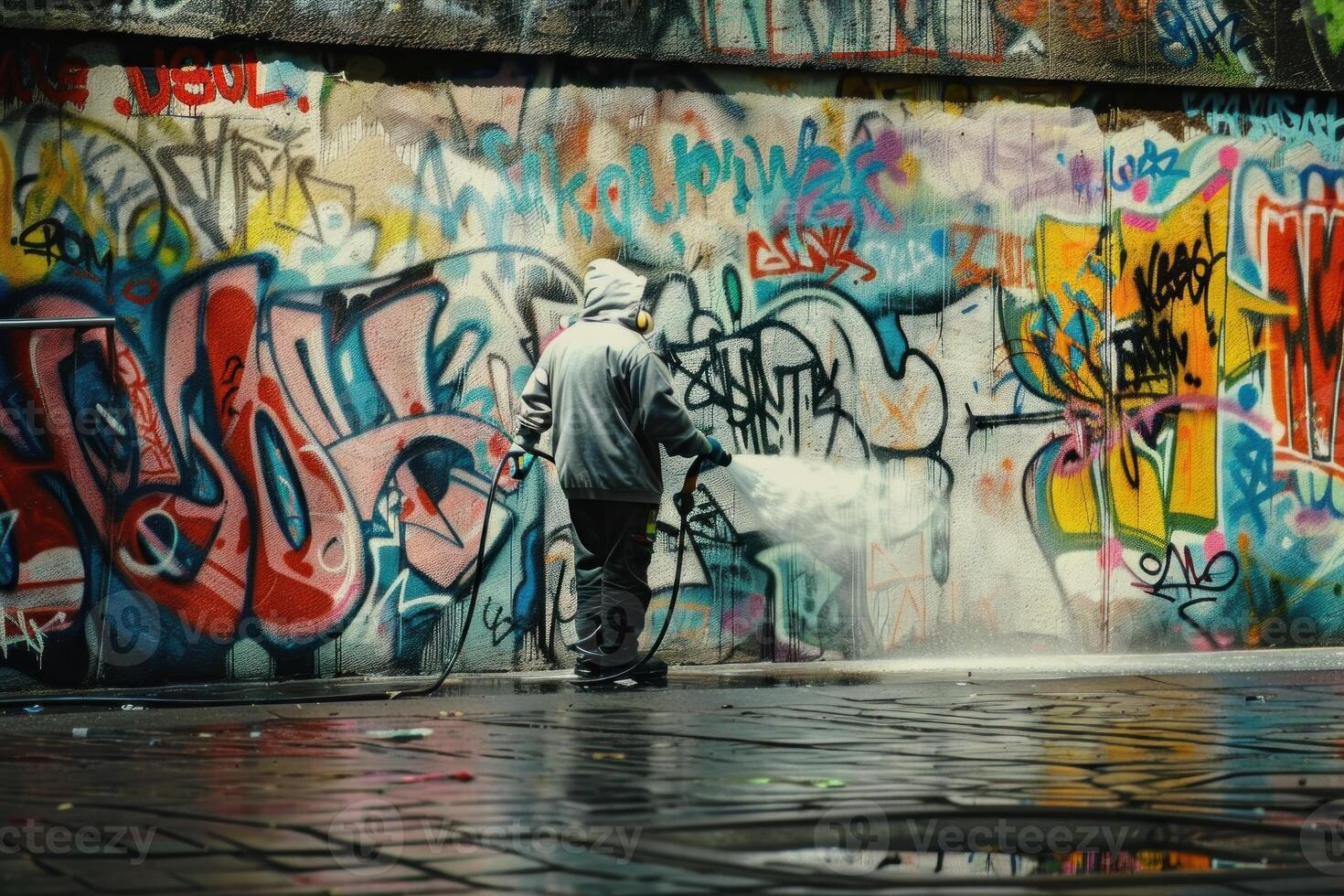 Man removing graffiti from a concrete wall using a pressure washer photo