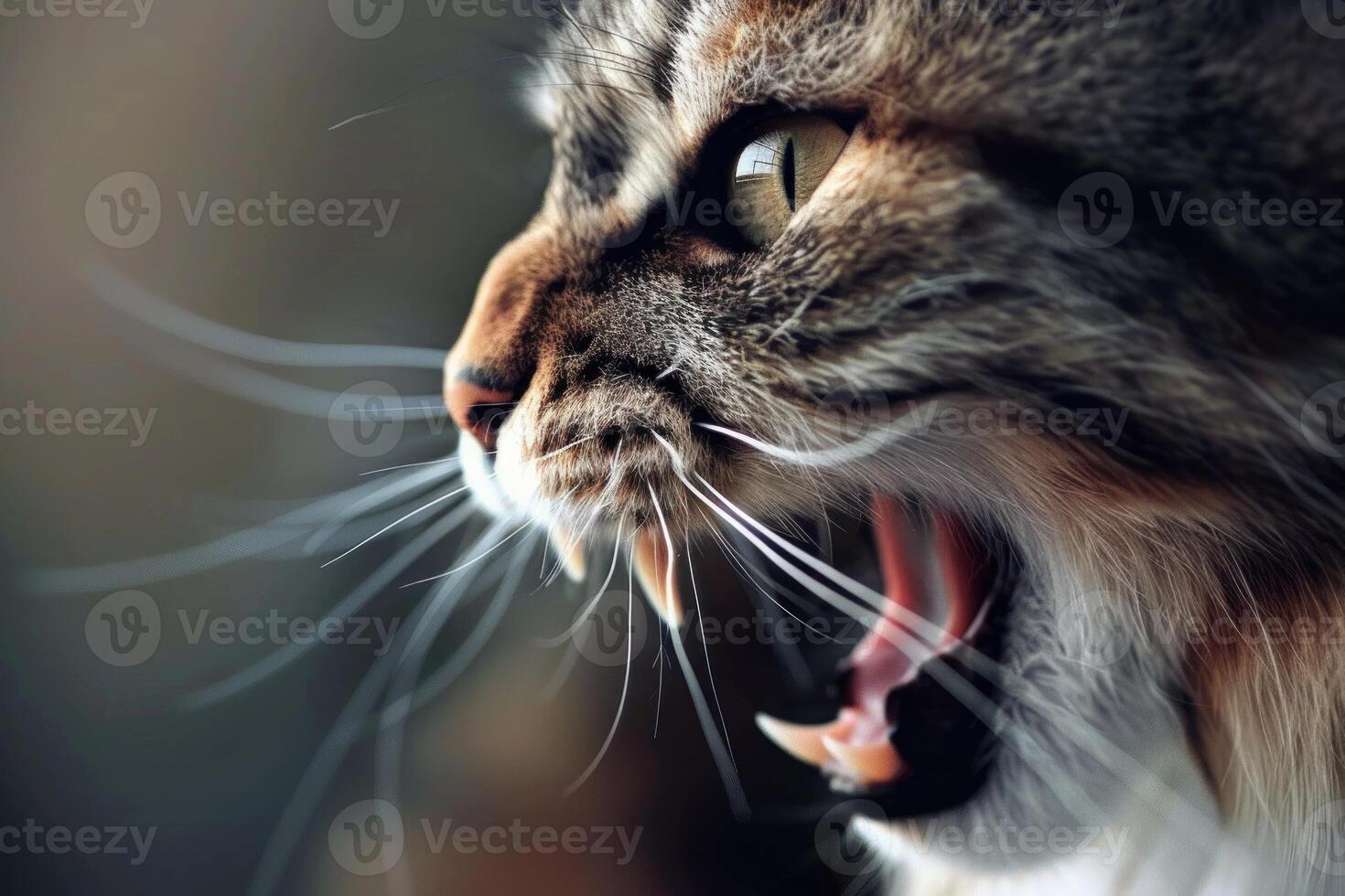 Angry maine coon cat showing teeth and claws photo