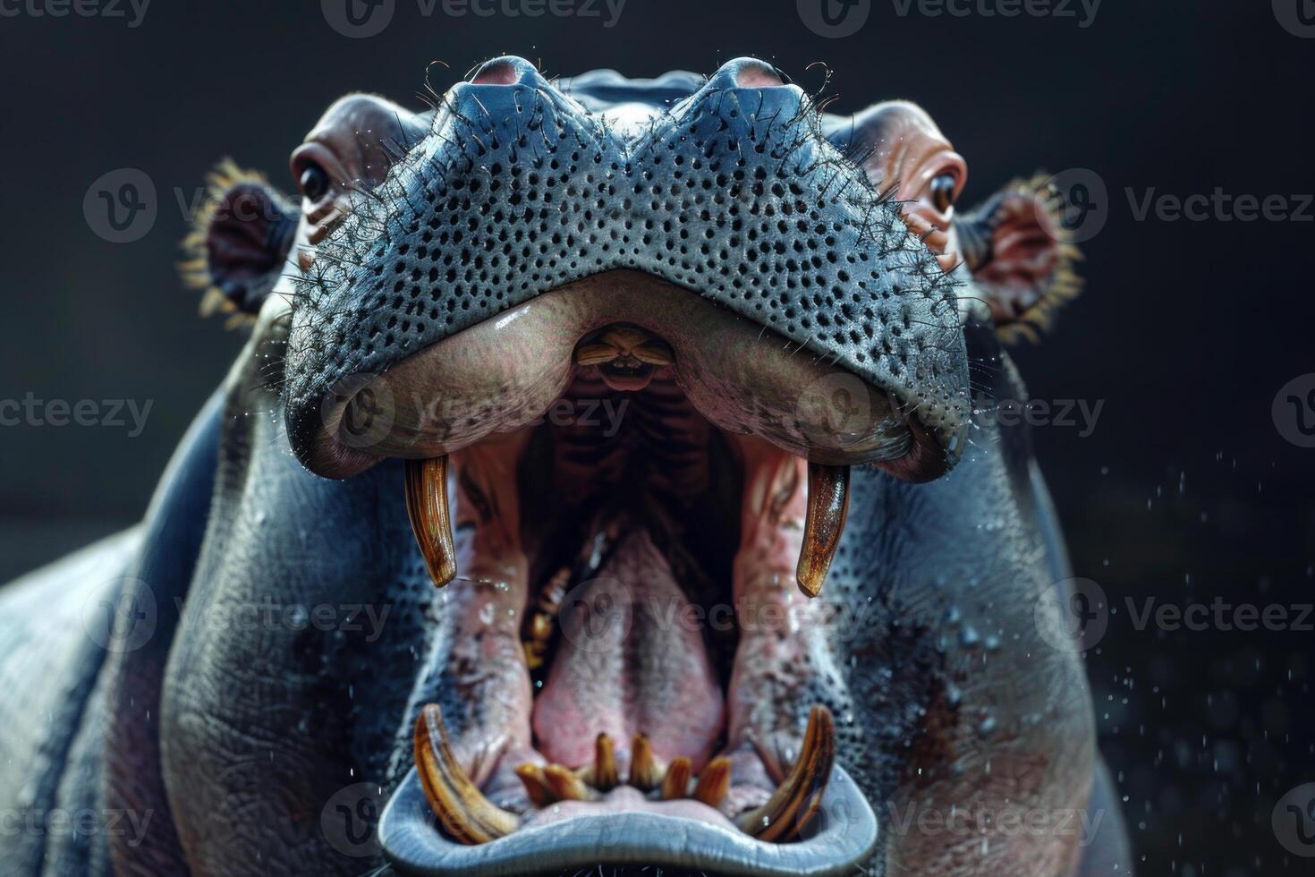 Hippopotamus opening mouth showing huge teeth photo