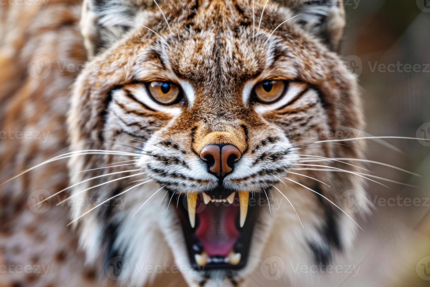Eurasian lynx snarling showing teeth close up photo