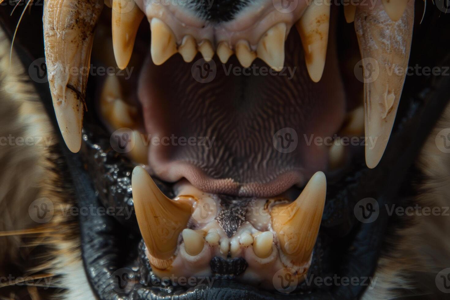 Big cat showing teeth baring fangs open mouth photo