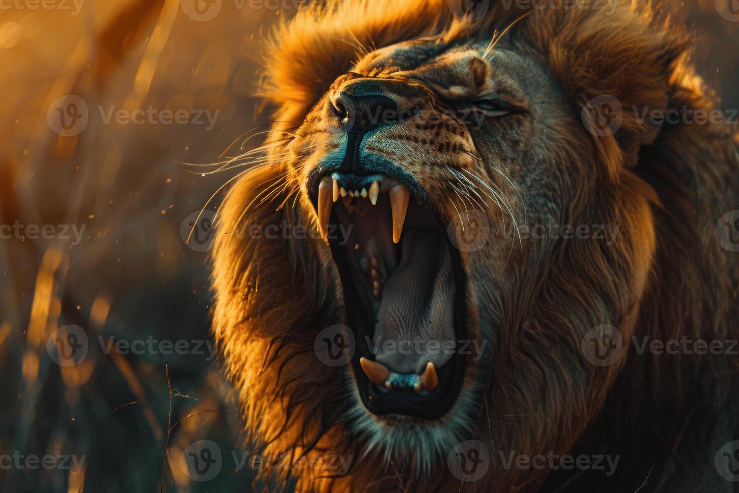 Powerful lion showing its teeth and roaring in the wilderness photo