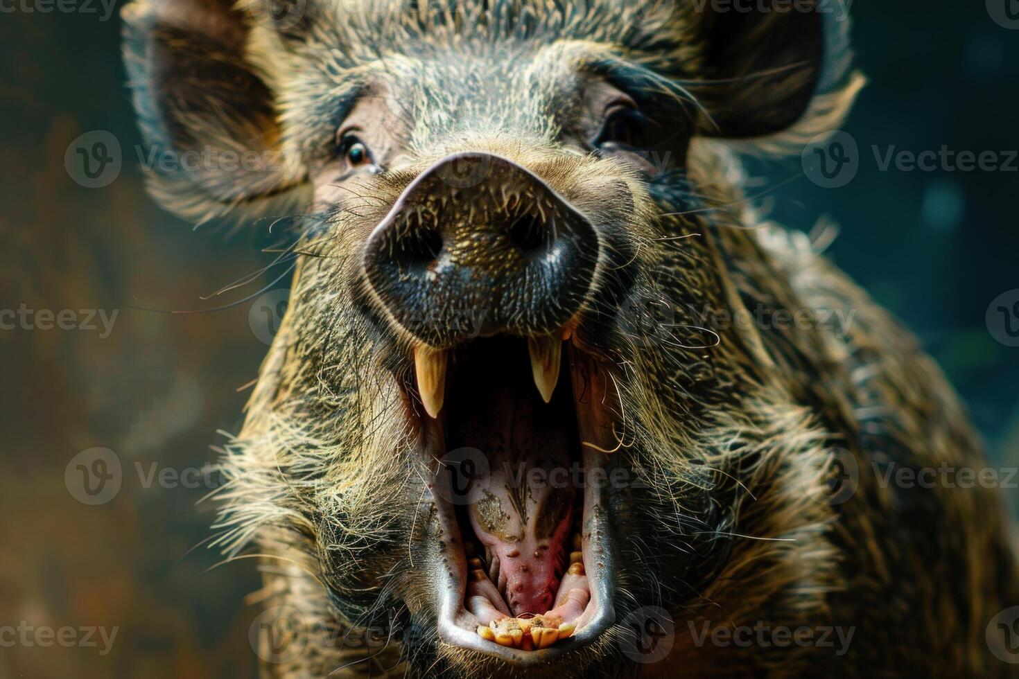 Wild boar showing teeth growling dangerously photo