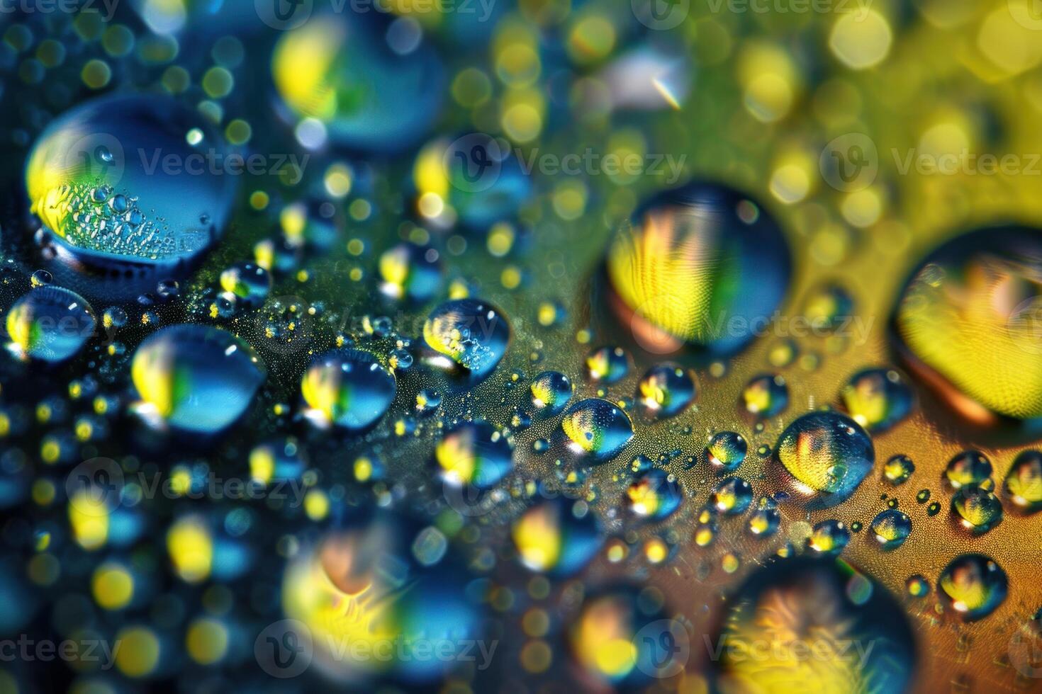Colorful water droplets creating abstract pattern on a shiny surface photo